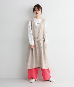 平織りリネン前後2WAYVネックエプロン(ナチュラル-ONESIZE)