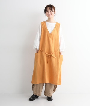 平織りリネン前後2WAYVネックエプロン(オレンジ-ONESIZE)