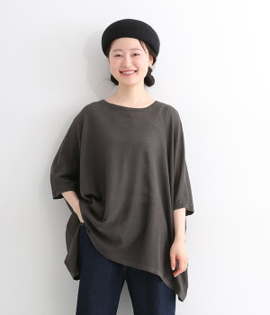 リネンコットンカノコ編みポンチョ型カーディガン