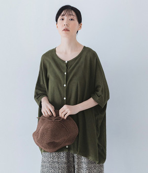 リネンコットンカノコ編みポンチョ型カーディガン(オリーブ-ONESIZE)