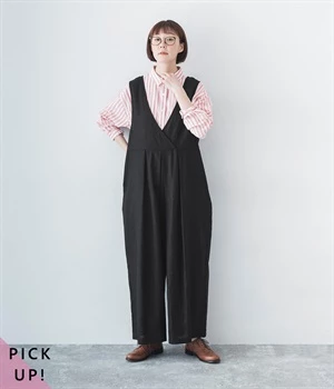 リネンコットン2WAYサロペット(ブラック-1)