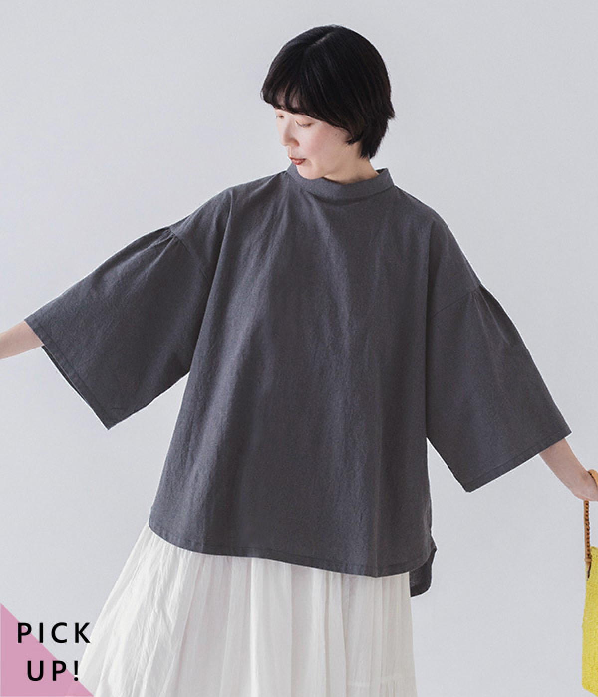 コットンリネン千鳥フレアスリーブブラウス(ネイビー-ONESIZE)