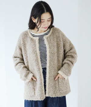 ブークレ配色パイピングカーディガン(ベージュ-ONESIZE)