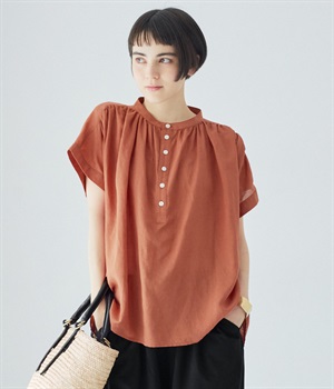 バンドカラーギャザーブラウス(テラコッタ-ONESIZE)