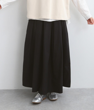 コットンワッシャータック入ロングギャザースカート(ブラック-ONESIZE)