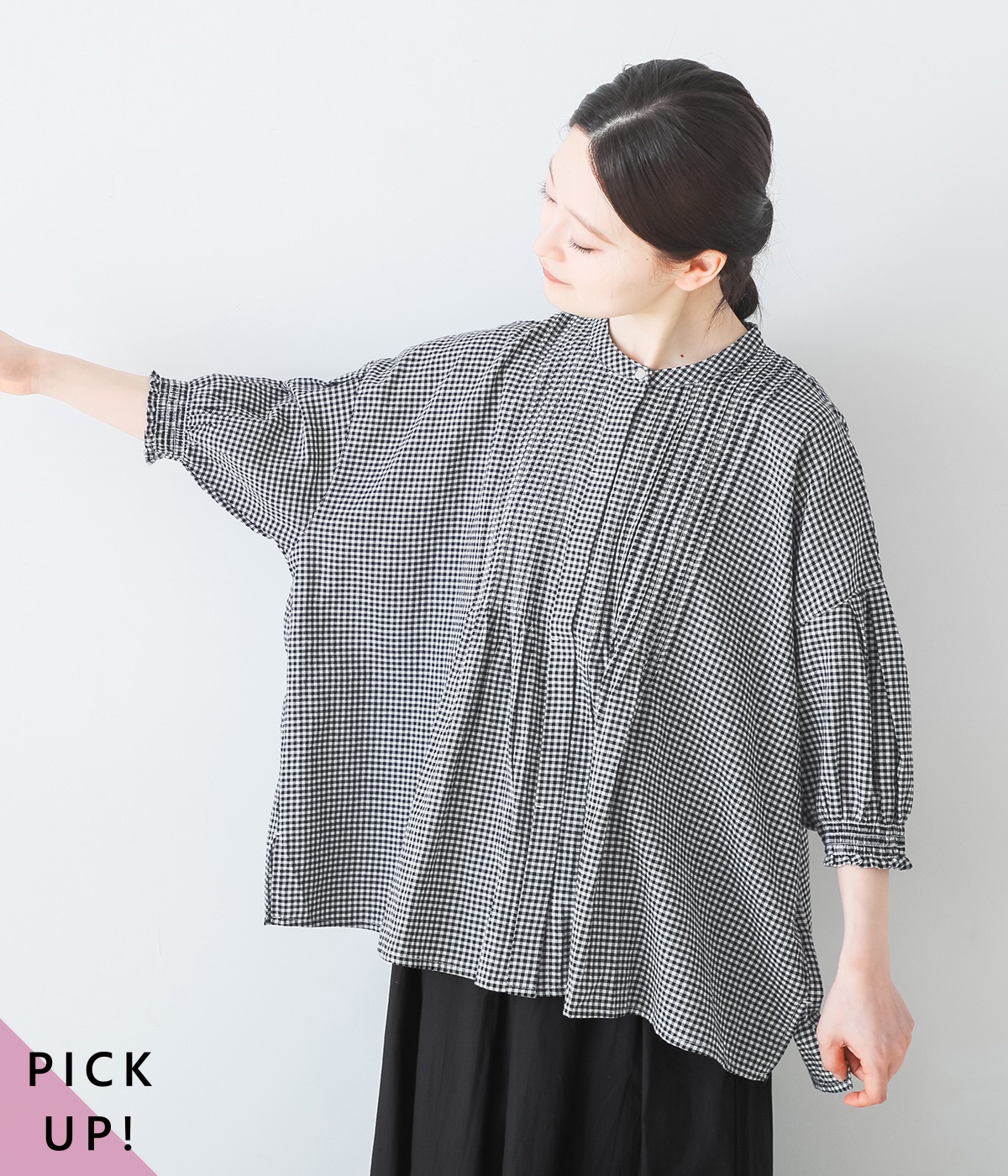 一部別注｜コットンピンタックブラウス(ブラック×アイボリー-ONESIZE)