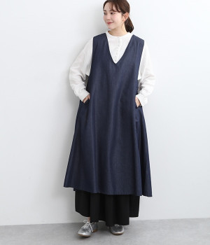 テンセルデニムVネックワンピース(ネイビー-ONESIZE)
