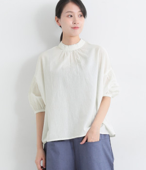 コットンレース付ハイネック5分袖ブラウス(アイボリー-ONESIZE)