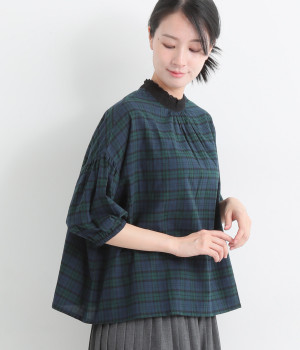 コットンレース付ハイネック5分袖ブラウス(ブラックウォッチ-ONESIZE)