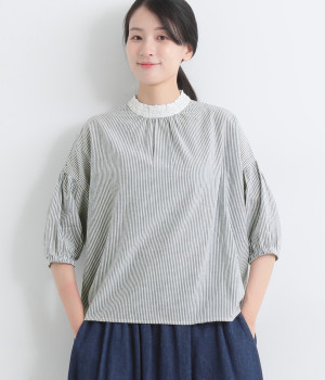 コットンレース付ハイネック5分袖ブラウス(ブラックネイビー×アイボリー-ONESIZE)