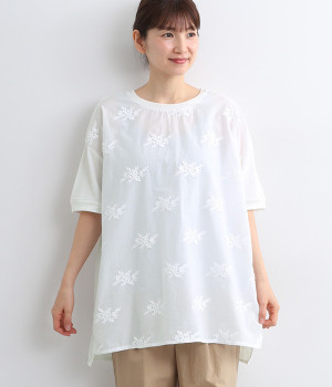 立体花柄刺繍異素材切替プルオーバー(アイボリー-ONESIZE)