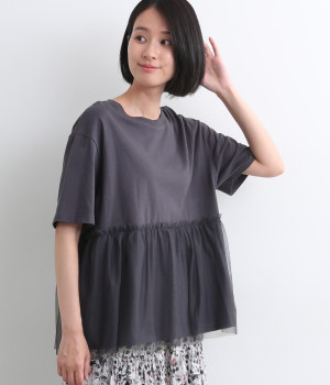 カット＋チュール切替ペプラムプルオーバー(ネイビー×ネイビー-ONESIZE)