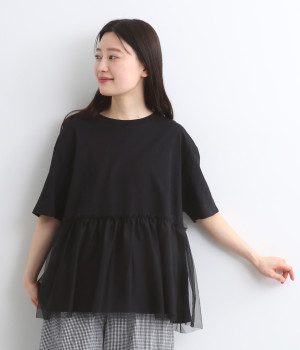 カット＋チュール切替ペプラムプルオーバー(ブラック×ブラック-ONESIZE)