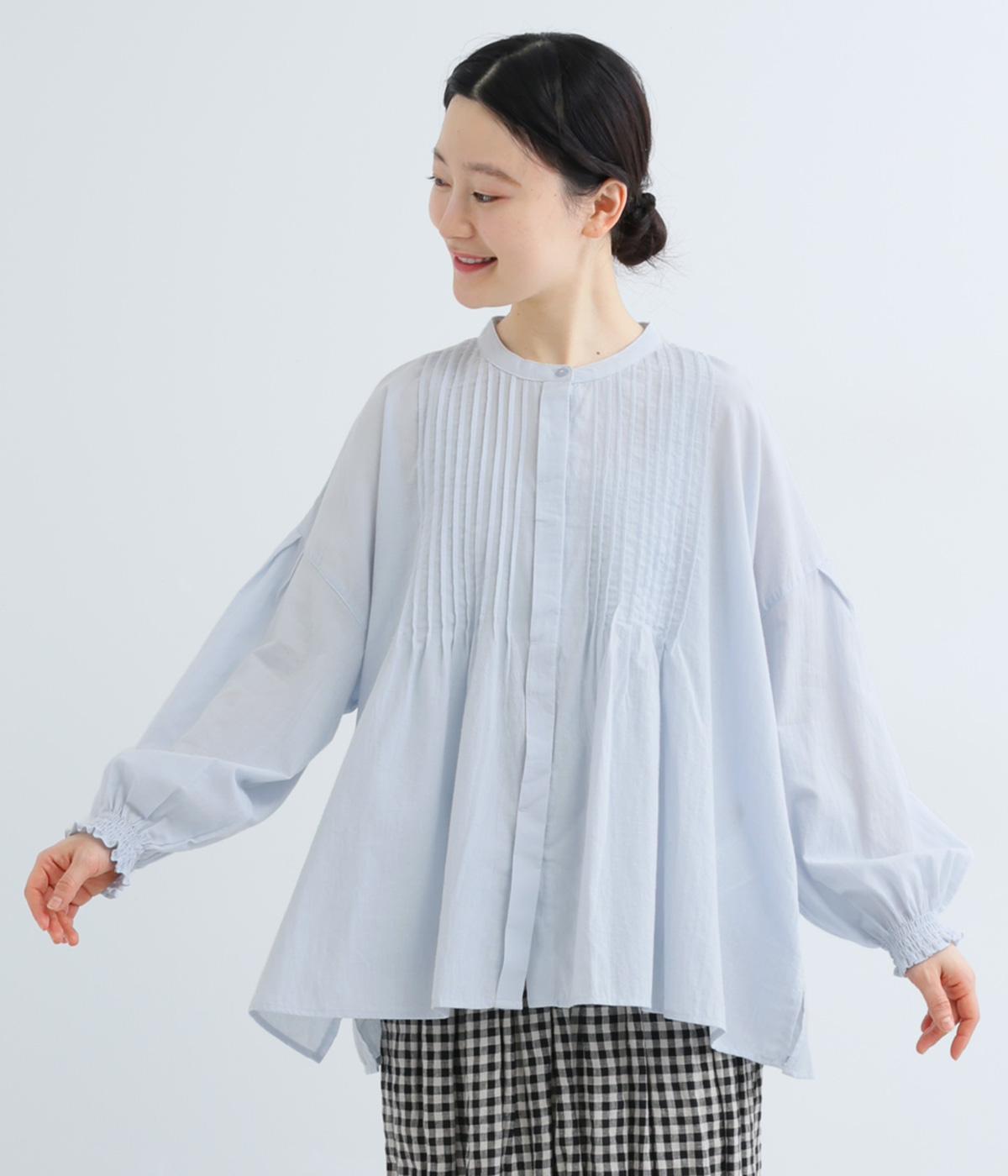 コットン長袖ピンタックブラウス(スカイブルー-F)