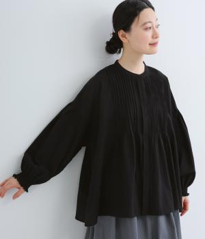 コットン長袖ピンタックブラウス(ブラック-F)