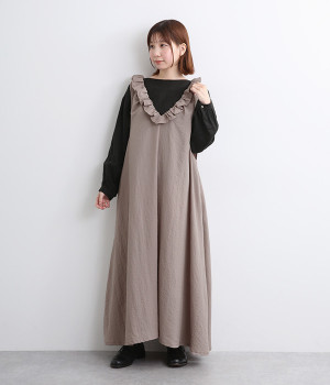 とろみワッシャー襟元フリル付ノースリーブワンピース 着丈125cm(グレージュ-ONESIZE)