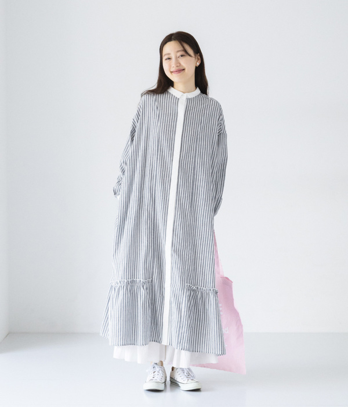 コットン長袖裾ギャザー切替シャツワンピース(ネイビー×ホワイト-ONESIZE)