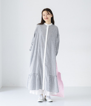 コットン長袖裾ギャザー切替シャツワンピース(ネイビー×ホワイト-ONESIZE)