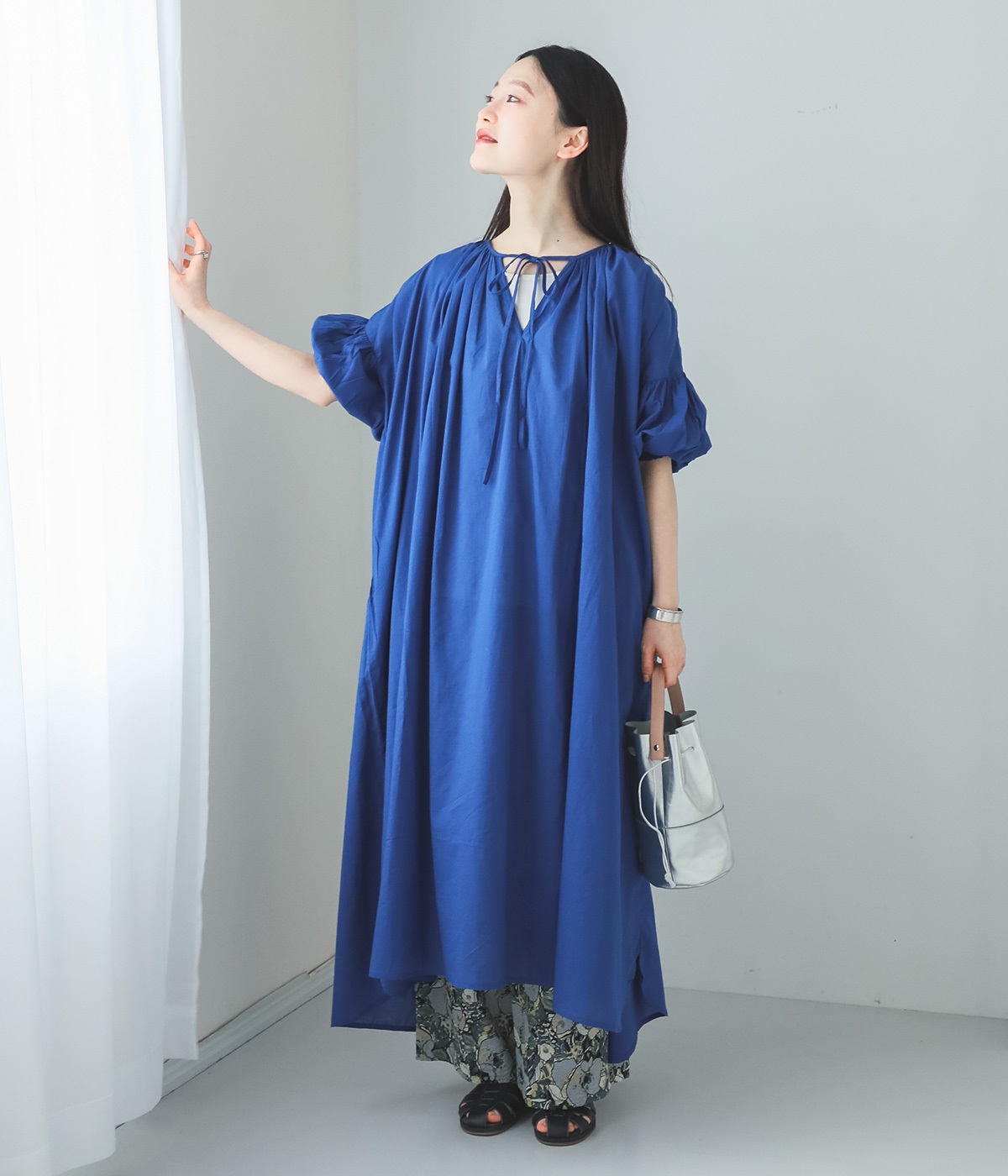 キャンブリック2way7分袖ギャザーワンピース(ロイヤルブルー-ONESIZE)