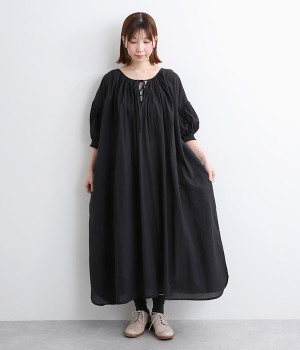 キャンブリック2way7分袖ギャザーワンピース(ブラック-ONESIZE)