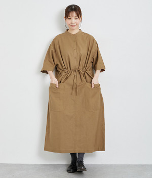 コットンリネンビックポケットシャツワンピース(ダークベージュ-ONESIZE)