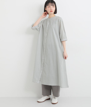 キャンブリック刺繍切替前開きワンピース(サックス-ONESIZE)