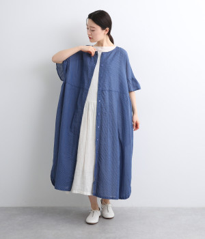 先染めコットン2wayフレア袖パネル切替ワンピース(ブルー-ONESIZE)