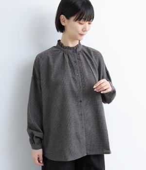 ネル前開きフリルブラウス(ブラック×スモークグレー-F)