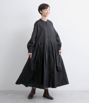 ポプリン前開きカフス袖ワンピース(ブラック-F)
