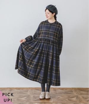 ネルウエスト切替長袖ギャザーワンピース(ネイビー×ベージュ-F)