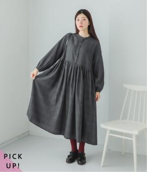 ネルウエスト切替長袖ギャザーワンピース(グレンチェック-F)