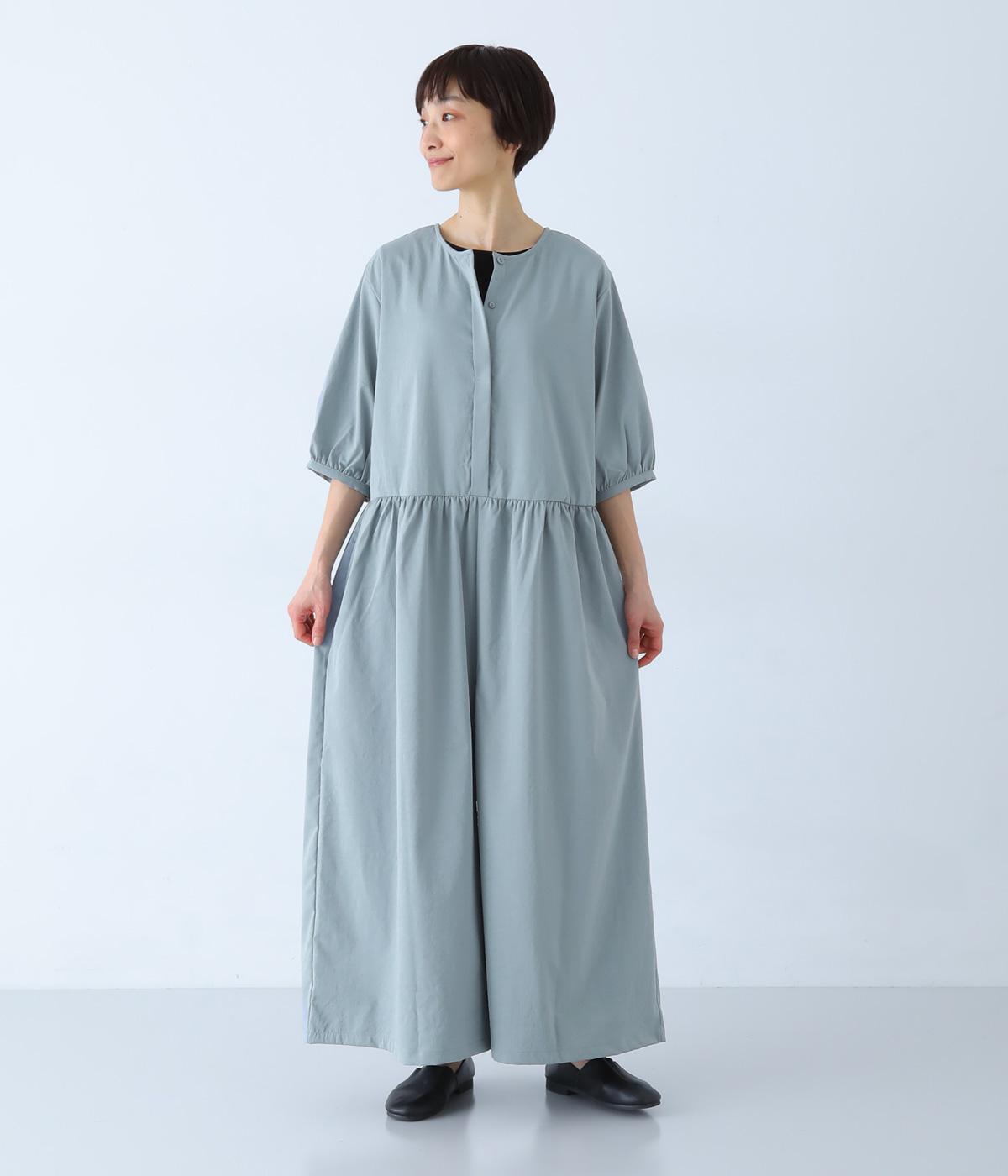 ツイルワッシャー五分袖オールインワン(スモークブルー-F)