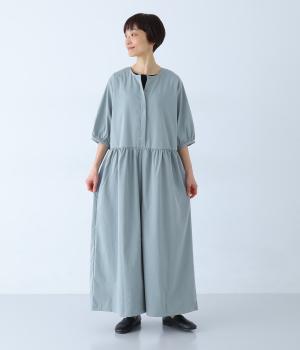 ツイルワッシャー五分袖オールインワン(スモークブルー-F)