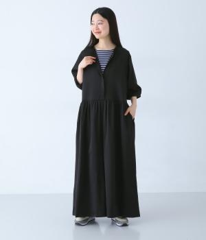 ツイルワッシャー五分袖オールインワン(ブラック-F)