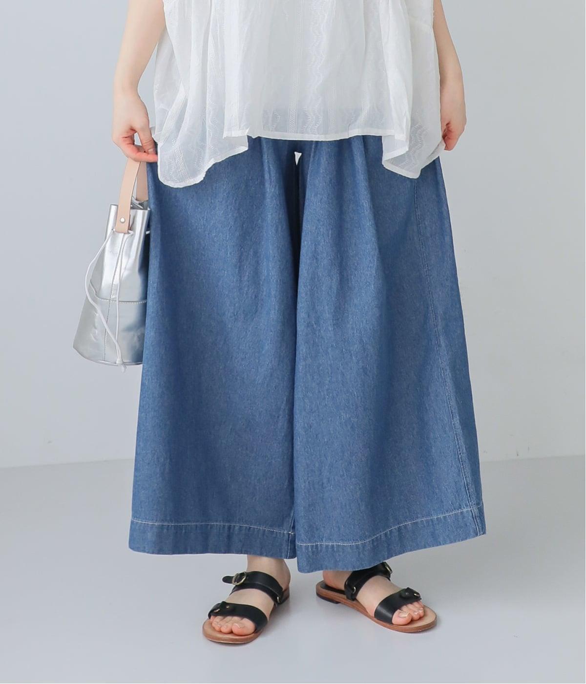 コットンデニムタックワイドパンツ(ブルー-F)