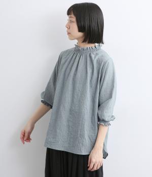リップルシャーリング六分袖ブラウス(スモークブルー-F)