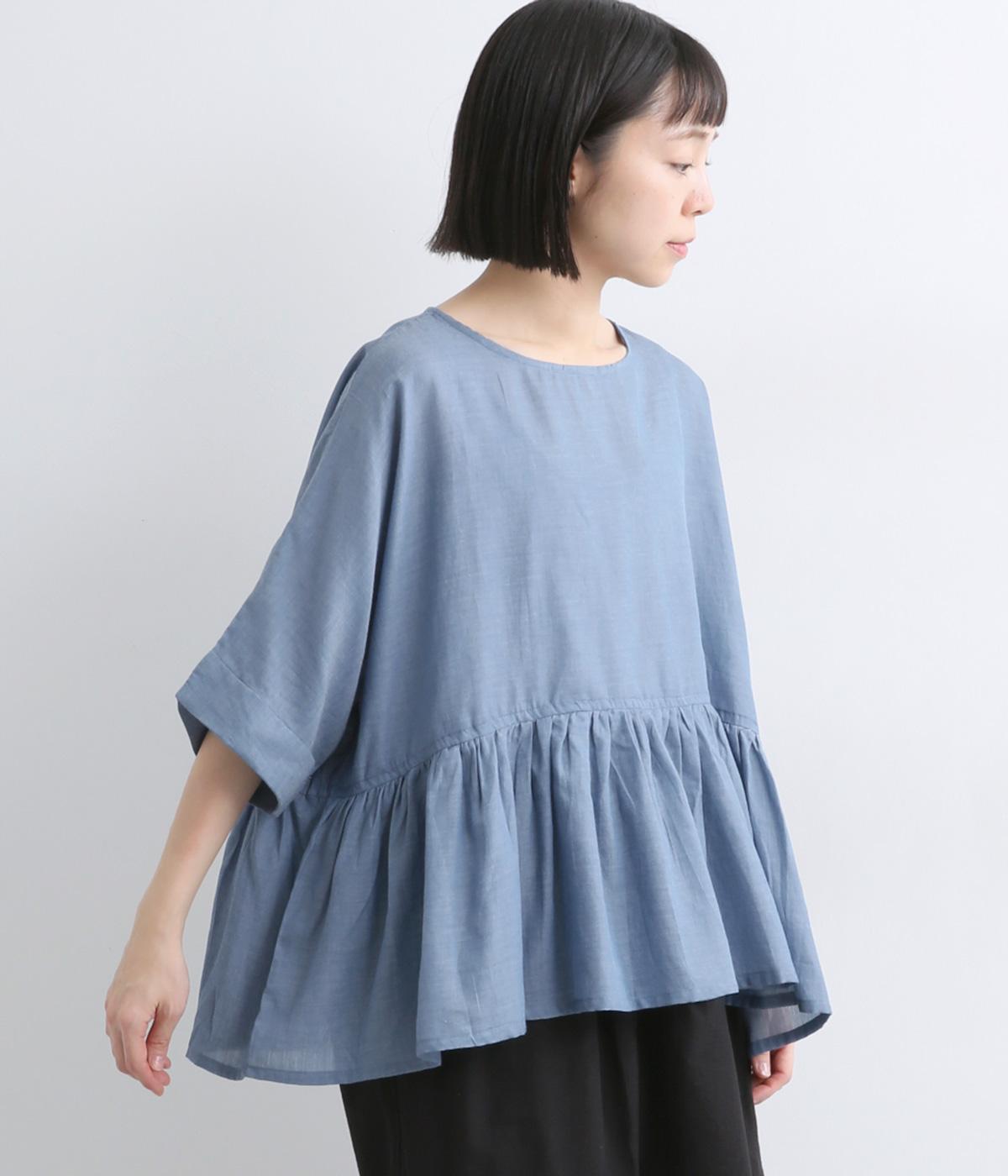 シャンブレーウエストギャザードルマンブラウス(ダークブルー-F)