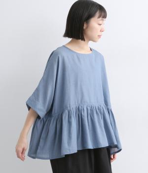 シャンブレーウエストギャザードルマンブラウス(ダークブルー-F)