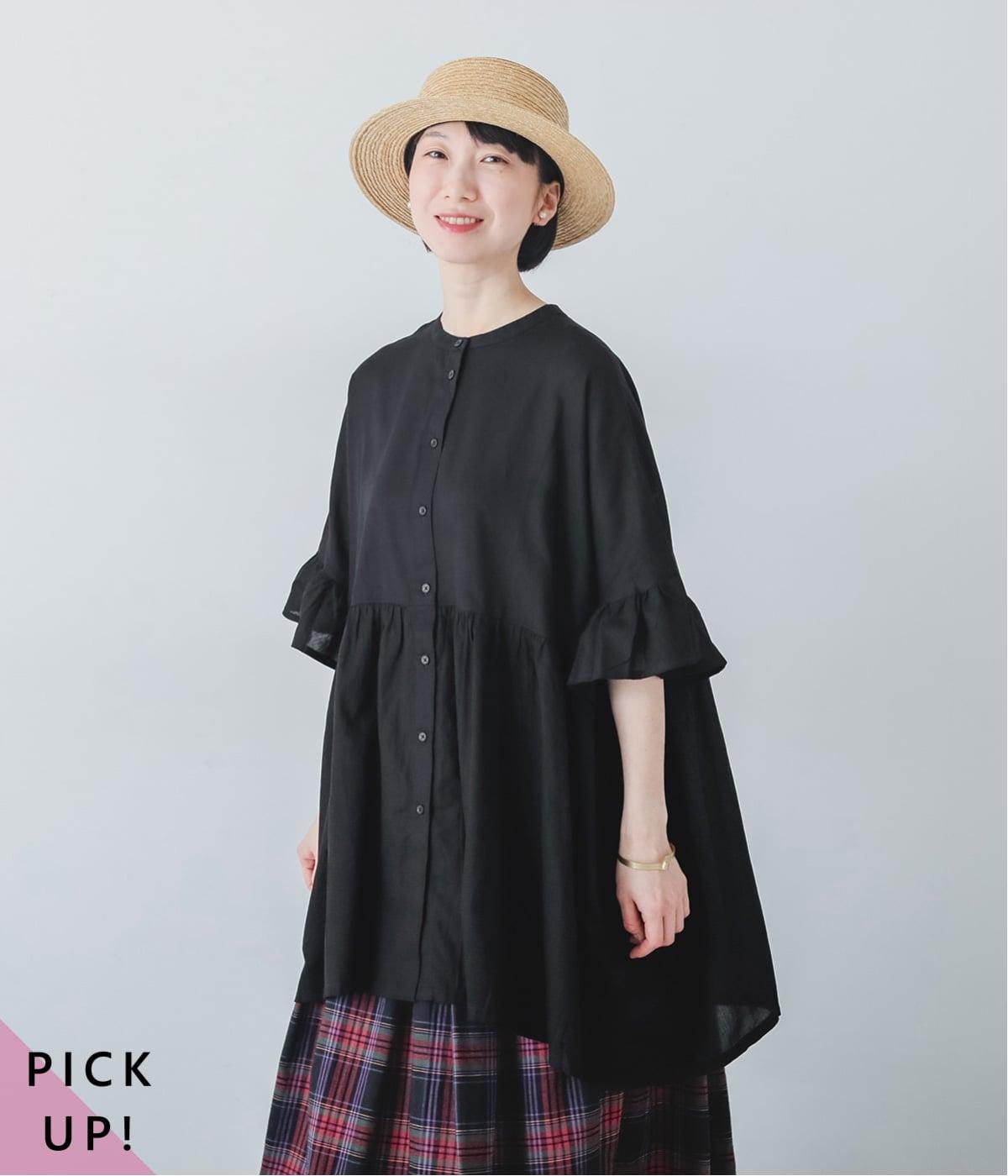 コットン2wayスクエアチュニックブラウス(ブラック-F)