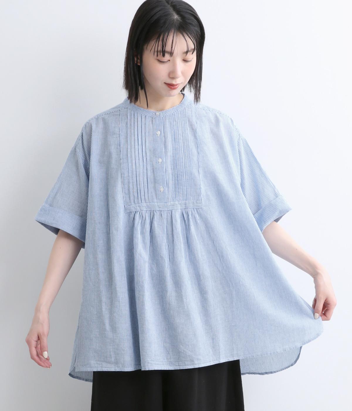 コットンフロントピンタックチュニックブラウス(ブルー×アイボリー-F)