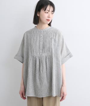コットンフロントピンタックチュニックブラウス(アイボリー×スモークグレー-F)