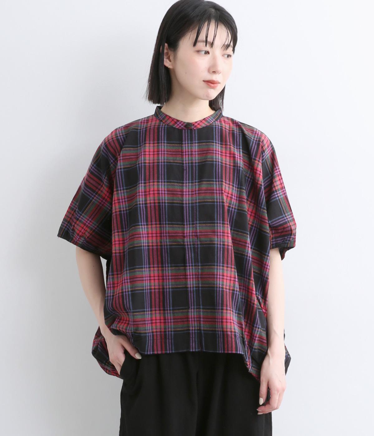 マドラスチェックドルマンスリーブワイドシャツ(ピンク-F)