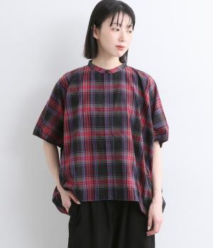 マドラスチェックドルマンスリーブワイドシャツ(ピンク-F)