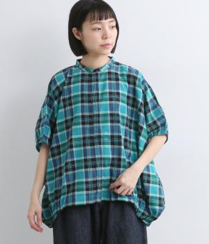 マドラスチェックドルマンスリーブワイドシャツ(ターコイズ-F)
