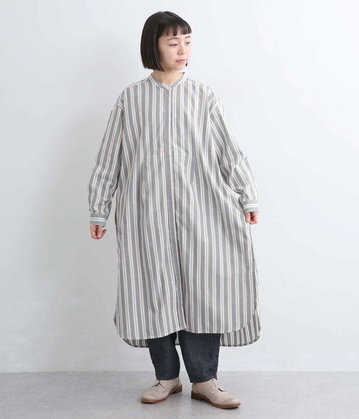 コットンポプリン前開き長袖ワンピース(グレー×アイボリー-F)