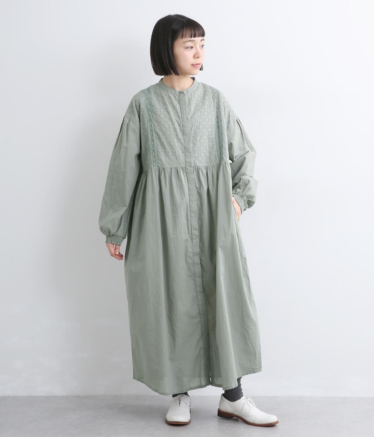 コットン刺繍切替長袖ワンピース(ブルーグリーン-F)