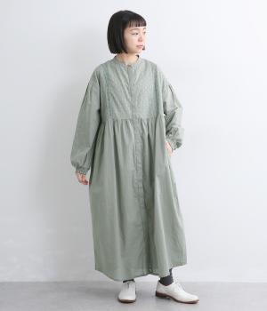 コットン刺繍切替長袖ワンピース(ブルーグリーン-F)
