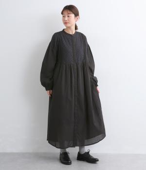 コットン刺繍切替長袖ワンピース(ブラック-F)