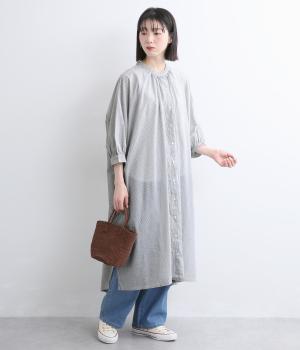コットン先染めストライプボイルワイドワンピース(スモークグレー×ホワイト-F)