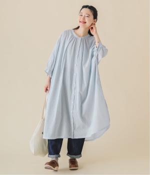 コットン先染めストライプボイルワイドワンピース(スカイブルー×ホワイト-F)